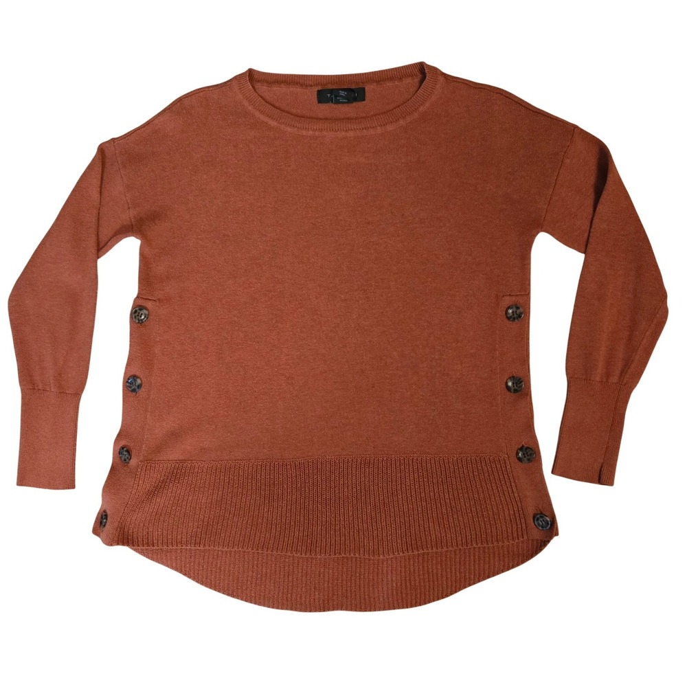 Tahari Women's S Cozy Chic Rust Orange Side Button High Low Crew Neck Sweater